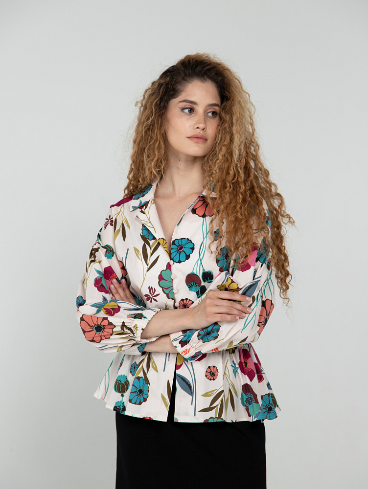 Блуза хлопок с баской (беж в цветок)
